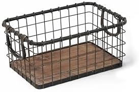 13.8" Wide Rectangular Sturdy Hand Welded Farmhouse Metal Wire Basket with Rustic Wooden Bottom For Shelves, Closet Storage Bins for Shelves. Also For Laundry, Towel, Spice Rack, Tool Box (14"x9") by Unknown