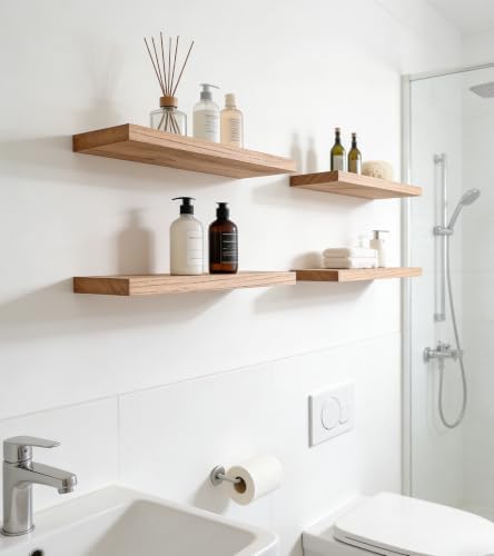 17 Inch Rustic Wood Floating Shelves Farmhouse Wooden Wall Shelves for Bathroom Bedroom Living Room Kitchen Office Set of 6 Light Brown - Image 6