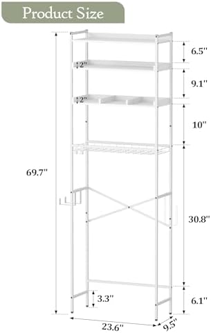 Quikraen 4 Tier Over The Toilet Storage Shelf with 3 Adjustable Shelves, Space Saver Bathroom Organizer with 4 Hooks, Freestanding Above Toilet Rack for Restroom Laundry (White) - Image 2