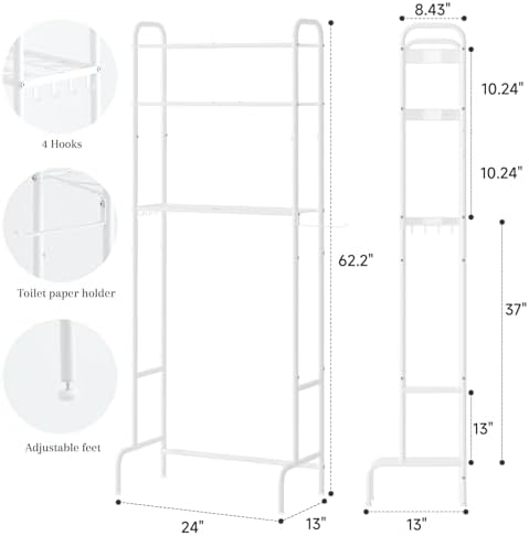 STDDRE 3-Tier Over The Toilet Storage Space Saver with Paper Holder Freestanding Rack Metal Bathroom Shelves with Hooks Above The Toilet Storage Shelf (White, 3 Tier) - Image 3