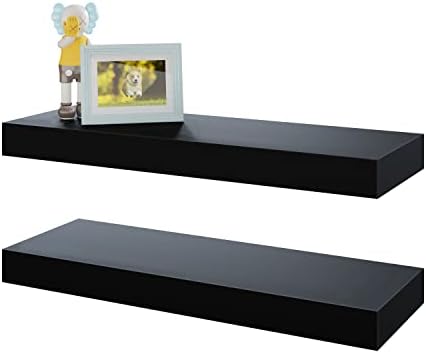 BAMEOS Floating Shelves, Black Wall Mounted Wooden Shelves with Invisible Brackets Set of 2, Hanging Wall Shelves Decoration for Bedroom, Bathroom, Living Room and Kitchen by BAMEOS