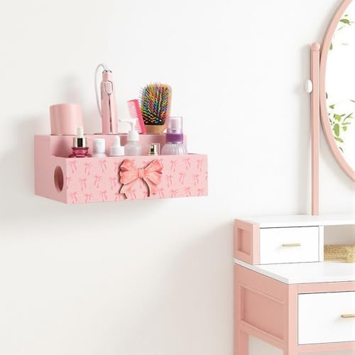 Pink Bow Hair Tool Organizer Countertop Wooden Blow Dryer Holder - Image 6