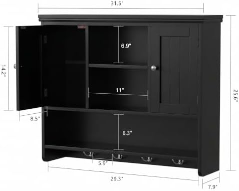 Bathroom Wall Cabinet with Doors and Hooks, 3-Tier Wall Mounted Cabinet - Image 3