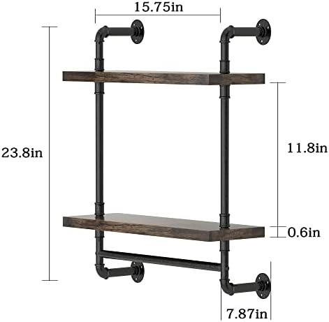 Helsin 2 Tier Industrial Pipe Floating Bathroom Shelves Wall Mounted with Towel Bar, Rustic Wood Wall Shelf, 16 Inch Metal Towel Rack Storage Bookshelf for Bathroom, Kitchen, Farmhouse, Living Room - Image 3