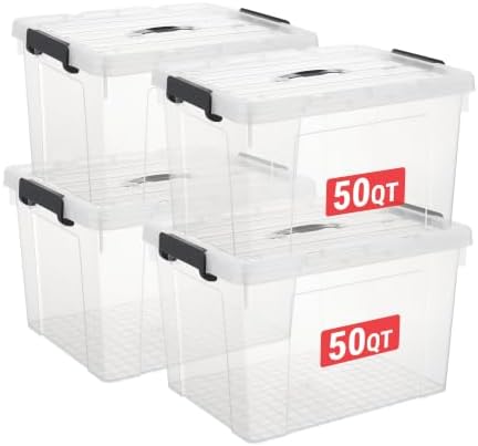 Cetomo Plastic Storage Bins with Handle, Storage Bin with Lids, Organizing Container, PP Box for Home Office, Clear, 50 Quart (Pack of 4) by Cetomo