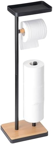 Clasin Home Toilet Paper Holder Stand, Free Standing Toilet Paper Holder with Storage and Top Shelf, Black Toilet Paper Stand Weighted Base with Bamboo Design for Bathroom by ClasinHome