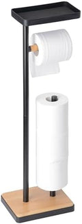 Clasin Home Toilet Paper Holder Stand, Free Standing Toilet Paper Holder with Storage and Top Shelf, Black Toilet Paper Stand Weighted Base with Bamboo Design for Bathroom by ClasinHome