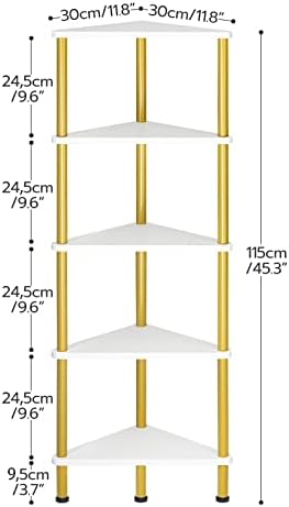 HOOBRO Corner Shelf Stand, Industrial 5-Tier Wall Corner Bookshelf with Metal Frame, Plant Display Shelf, Bookcase for Small Spaces, Bedroom, Living Room, White and Gold DW33CJ01 - Image 3