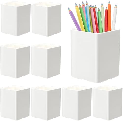 Jutom 8 Pcs White Acrylic Pen Holder for Desk, Pencil Cup Bulk Makeup Brush Storage Organizer, Desktop Pencil Cup Stationery Desktop Stationery Organizer for Office School Home Supplies by Jutom