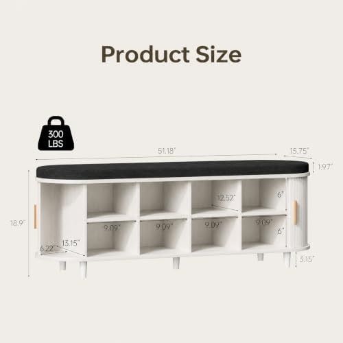 DHH 2-Tier Storage Bench,Wide Shoe Bench with Thickened Padded Seat Cushion, Mid Century Modern Fluted Sliding Door and Adjustable Shelf, for Entryway, Living Room, Bedroom (Grayish White, 51.2”) - Image 2
