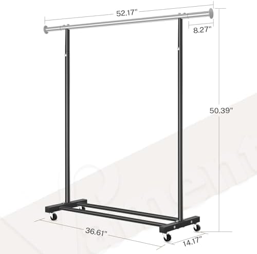 VICERII Clothes Rack, 130LB Capacity Heavy Duty Clothing Rack with Wheels and Bottom Shelf, 52.17 Inch Rolling Racks for Hanging Clothes, Coats, Shirts, Sweaters, Skirts, Dress, Black - Image 5
