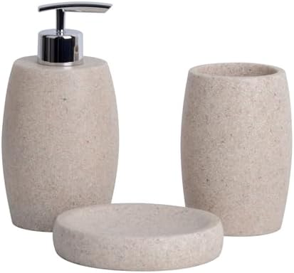 Clasin Home Beige Bathroom Accessories Set 3 PC, Resin Sandstone Look Soap Dispenser, Toothbrush Cup, Soap Dish, Bathroom Soap Dispenser Set for Home Decor and Kitchen by ClasinHome