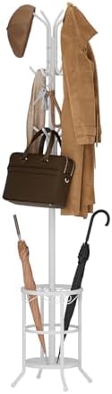 Coat Rack Freestanding with Umbrella Holder – Metal Hanger Stand, Hall Tree with 12 Hooks, Entryway Organizer for Hats, Bags, and Clothes (White) by AUGOHCMIL