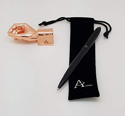 ACELY Executive Glossy Black Ball Point Pen with Hand Shape Pen Holder Metal Art Craft Paperweight for Desktop Organizer Pen Stand Decoration - Pen & Holder Set (Black & Rose Gold) - Image 2