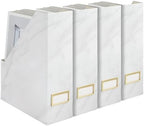 BLU MONACO Set of 4 Magazine Holders | White Marble Design with Gold Label Holders | Foldable File Organizer Boxes for Desk, Office & Classroom | Stylish Paper & Magazine Storage by Blu_Monaco