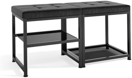 DreamDashio Set of 2 Small Shoe Storage Benches with PU Leather Cushion, 3-Tier Shoe Rack Organizer for Entryway, Metal Mesh Shelves, Holds Up to 300 lbs, Black (31.5"x11.4"x17.5") by Dreamdashio