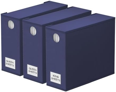 SpaceAid 3 Pack Bed Sheet Organizers and Storage, Foldable Sheet Organizer for Linen Closet, Sheets Set Folder Keeper with Window XL (Queen & King Size) Bedding Container (Navy Blue, 3 Pack) by SpaceAid