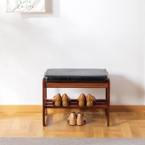 latifolia Solid Wood Bench, Entryway Shoe Bench with Cushion, 2 Tier Shoe Storage Organizer for Hallway, Living Room(Black,21.65''L) - Image 7