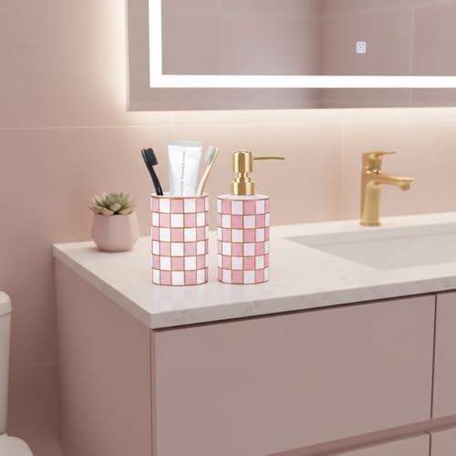 Bathroom Toothbrush Holder Set, Ceramic Checkered Soap Dispenser and Tooth Brush Holder Set, Modern Bathroom Accessories Sets Countertop, Black and White Checkered Bathroom Decor Set (Pink) - Image 5