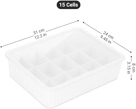 Cetomo 15 Cells Plastic Underwear Sock Drawer Organizer with Lid, Lidded Storage Box with Dividers for Bras and Socks, Basket for Closet, Stackable, White, 15 Compartments (31 x 24 x 8 cm) - Image 3