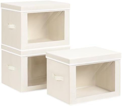 Homsorout Storage Bins with Lids, 3 Pack Large Storage Cubes with Window, Closet Bins with Lids & Handles, Fabric Box for Organizing Clothes, Towels, Books, Beige by Homsorout