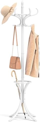 Tangkula Coat Rack with Umbrella Holder, 73 Inch Freestanding Coat Hanger Stand with 12 Hooks, Wooden Entryway Coat Tree for Clothes, Bags, Hats, Scarves, Living Room, Bedroom, Hallway (White) by TANGKULA