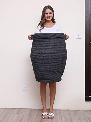 26"x20" Extra Large Tall Woven Laundry Basket with Lid, Cotton Rope Blanket Storage Basket, Freestanding Decorative Bin for Bedroom Living Room, Black & Grey Mix - Image 3