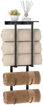 Towel Racks for Bathroom, Bathroom Towel Rack Wall Mounted with 2 Tiers Rolled Towel Holder, Towel Storage can Holds 3 Large Rolled Towels, Black by STWWO