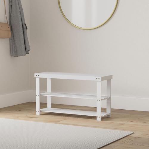 SMIBUY Bamboo Shoe Rack Bench, 3-Tier Shoe Organizer Storage Shelf for Entryway Hallway Bathroom Living Room (White) - Image 2