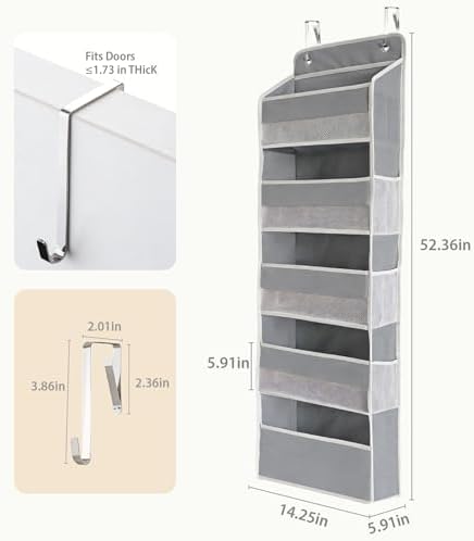 Over the Door Organizer, Door Storage Organizer with Large Capacity Pockets, Hanging Shelves for Bedroom, Closet, Dorm, Pantry (Grey, 5-Tier) - Image 4