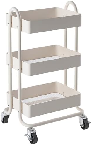Metal Rolling Cart,3-Tier Metal Rolling Cart with Wheels,3 Tier Utility Cart with Wheels for Office,Home,Kitchen,Garden（13.4"x18.1"x31"） White by Elitehouse