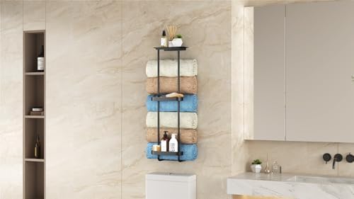 STWWO Bathroom Towel Storage, 36.4 Inch Towel Racks for Bathroom Wall Mounted with Shower Caddy with Metal Shelf, Black - Image 3