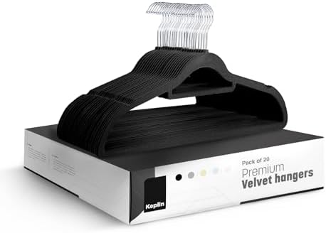 KEPLIN Velvet Hangers 20 Pack - Non-Slip Clothes Hangers with Tie Bar & 360° Hook - Durable & Sturdy, Space-Saving Wardrobe Organisers for Suits, Jackets & Clothes- Home Storage Solution (Black) by KEPLIN