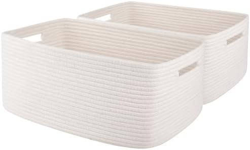 OIAHOMY Storage Basket for Shelves, Closet Cube Storage Bins Baskets for Clothes Blanket Towels, Baby Nursery, Toy Baskets Box, Woven Rope Basket, 17.72 * 12.99 * 7.87 IN, 2 Packs White by MasterofSpaceOptimization