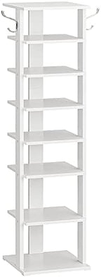 HOOBRO 8 Tiers Vertical Shoe Rack, Wooden Shoe Storage Organizer with Hooks, Narrow Shoe Tower for 8 Pairs, Space Saving, for Entryway, Living Room, Bedroom, White WT07XJ01G1 by HOOBRO