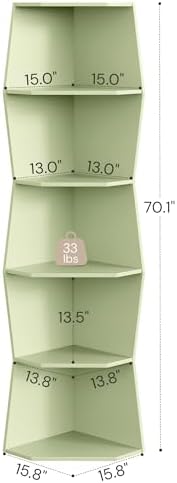 6-Tier Wavy Corner Shelf, Wooden Tall Corner Bookshelf, Green - Image 2