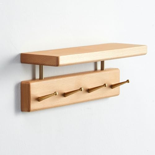 Solid Wood Shelf with Hooks, 12 inch Coat Rack Wall Mount, Shelves with 4 Brass Hooks for Hanging in Entryway, Living Room, Bathroom, Bedroom, Kitchen(Beechwood) by Mayhas