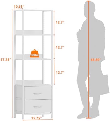 Furnulem 4-Tier Corner Shelf,White Narrow Bookshelf with 2 Storage Drawers - Image 3