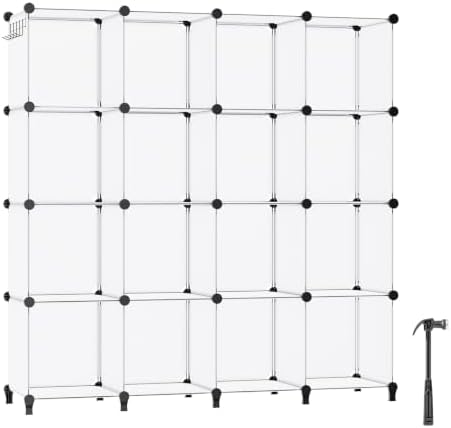 Neprock 16 Cubby Storage Organizer, Closet Clothes Storage Organizer, Cube Shelves Closet Organizers and Storage Shelves for Clothing Storage with Hammer, Bookshelf for Kids（Transparent） by Neprock