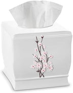 Vanda Cherry Blossom White Square Resin Tissue Box Cover with Bottom Slider by CreativeScents