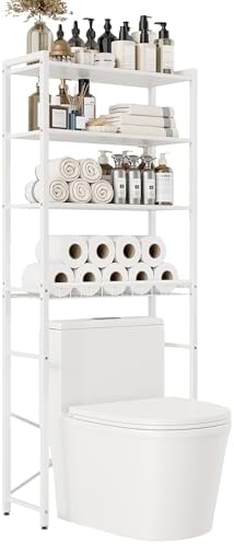 4-Tier Over-the-Toilet Storage Rack with One-Piece Wooden Shelves & Open Net Basket, Bathroom Organizer with Adjustable Feet & Anti-Tip Kit, Space-Saving Toilet Shelf, White, 24.4" x 9.4" x 69.3" - Image 3