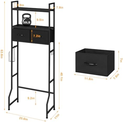ETELI Over The Toilet Storage Bathroom Cabinet 3 Tier Freestanding Over Toilet Storage Cabinet Shelf Space Saving Behind Above Toilet Bathroom Organizer with Fabric Drawers, Black - Image 2