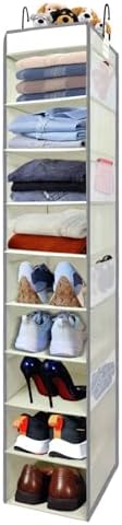 Large-Sized Hanging Shoe Organizer 10-Shelf, Sturdy Hanging Closet Organizer with 8 Side Pockets, Wider Hanging Shelves for Storage Shoes Clothes Jeans Shirts Toys, Beige by ROOMTALK