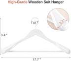 TOPIA HANGER White Wooden Coat Hanger 6 Pack, Wood Suit Hangers,Glossy Finish with Extra-Wide Shoulder, Thicker White Hooks & Anti-Slip Bar,Suitable for Coat, Suit,Dress,Jacket,Heavy Cloth - CT02W - Image 3