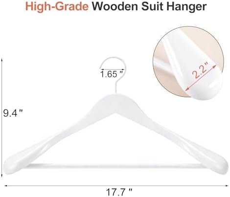 TOPIA HANGER White Wooden Coat Hanger 6 Pack, Wood Suit Hangers,Glossy Finish with Extra-Wide Shoulder, Thicker White Hooks & Anti-Slip Bar,Suitable for Coat, Suit,Dress,Jacket,Heavy Cloth - CT02W - Image 3