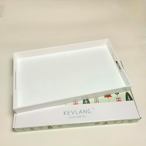 KEVLANG Glossy White Sturdy Acrylic Serving Tray with Handles-12x20 Inch-Serving Coffee Appetizer Breakfast-Kitchen Countertop Makeup Drawer Organizer-Vanity Table Ottoman Decorative Tray - Image 7