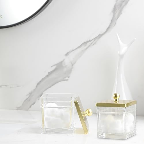 Glass Cotton Jar Holder 2 Pack– Brushed Gold Lid, Elegant Bathroom Storage Canister for Qtips, Cotton Balls, Floss, Makeup Organizer, Vanity & Bathroom Organization - Image 7