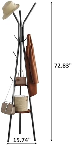 HOMEFORT Coat Rack, Coat Hanger Stand with 2 Shelves, Freestanding Hall Tree, Metal Hat Hanger with 12 Hooks for Clothes Hats and Scarves, Black and Rustic Brown,15.7" Wx15.7 Dx72.8H - Image 4