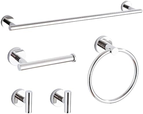 Polished Chrome Bathroom Hardware Accessories Set 5 Piece, Stainless Steel Bath Towel Bar Set 24 Inch,Toilet Paper Holder,Towel Ring Holder,Towel Rack Set,Gold Bathroom Accessories Kit Silver by Ntipox
