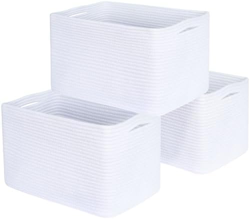 MINTWOOD Design 3-Pack Decorative Woven Storage Baskets for Shelves, Cube Bin Box for Organizing Books, Shoes, Dog Toys, Pantry Closet and Living Room Organizer, Full White by MINTWOODDesign